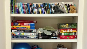 A bookshelf with various books, games, and toys.