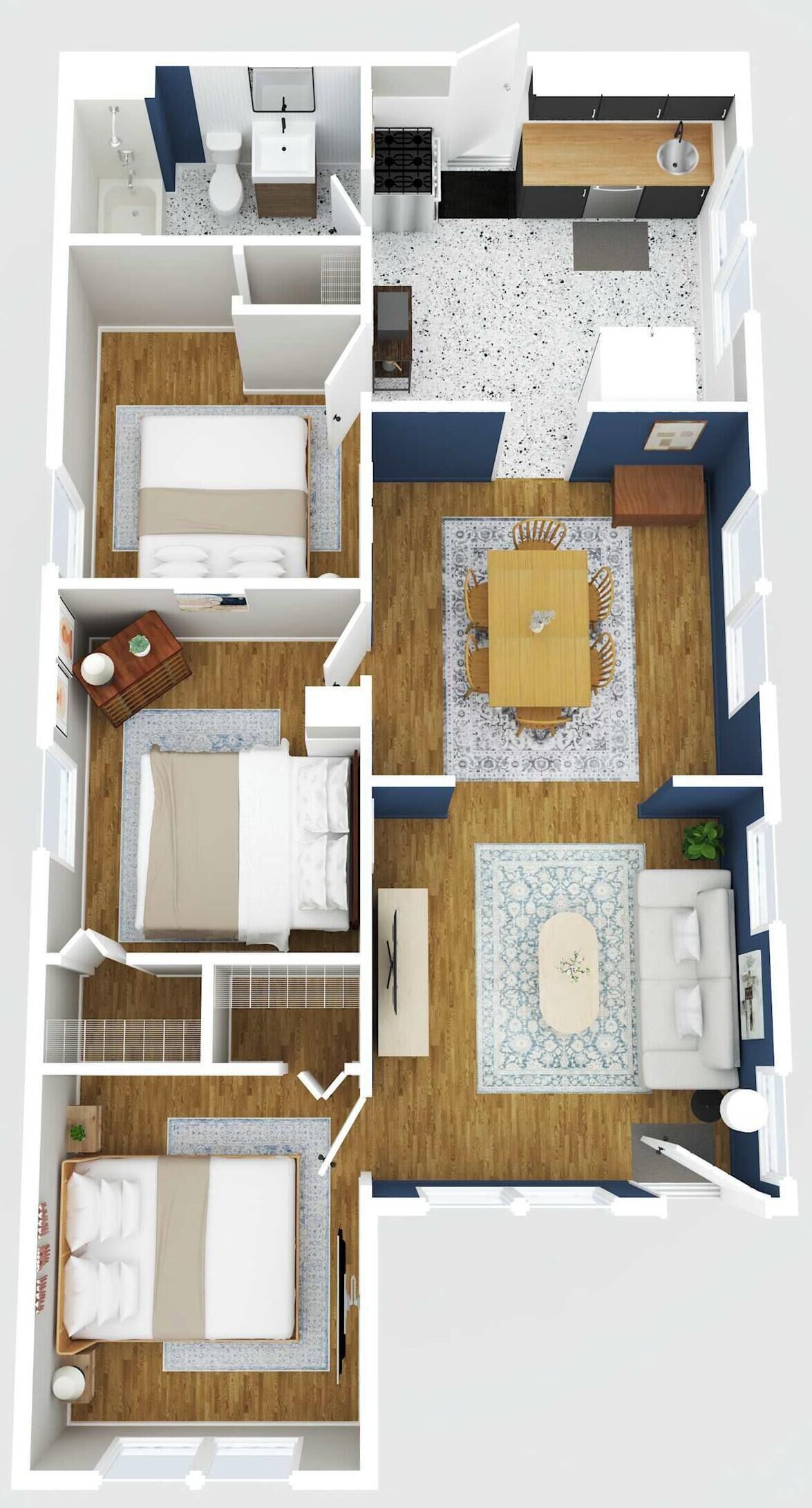 A floor plan of a hotel room with a bed, a desk, a chair, a dining table, and a small kitchen area.