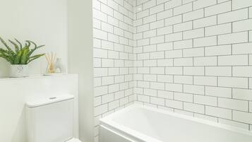 Hair dryer, towels, soap, toilet paper