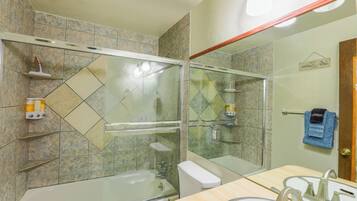 Hair dryer, towels, soap, shampoo