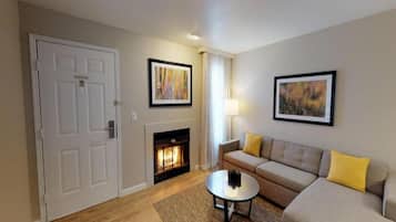 Een televisie, een open haard en boeken