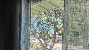 Ein Fenster mit Blick auf einen Garten, inklusive Baum, Rasen und Gartenmöbeln.