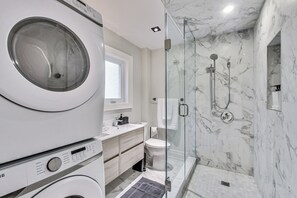 Hair dryer, towels, soap, toilet paper