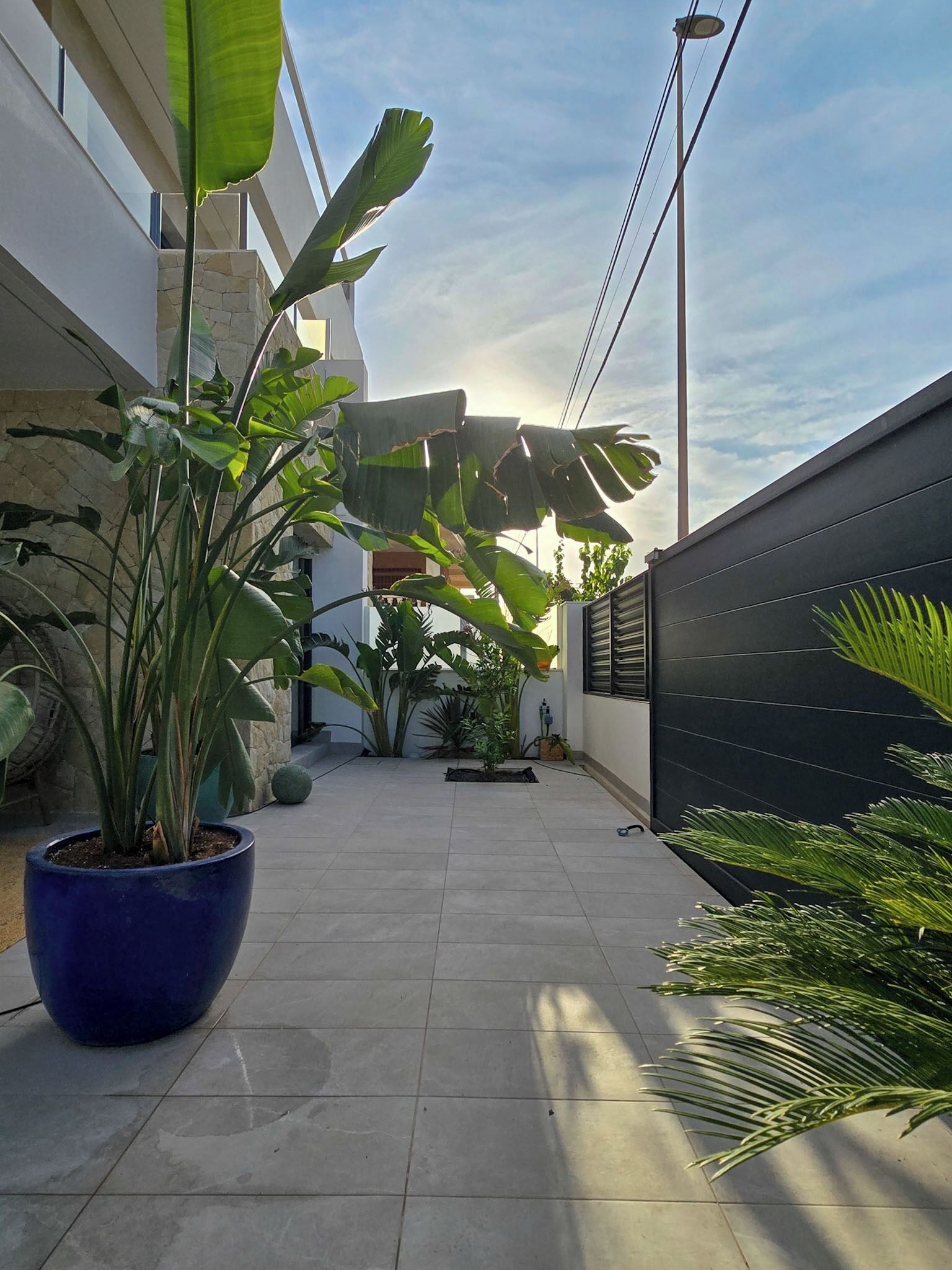 Un espai exterior modern amb terra de rajola, plantes en testos i una tanca negra.