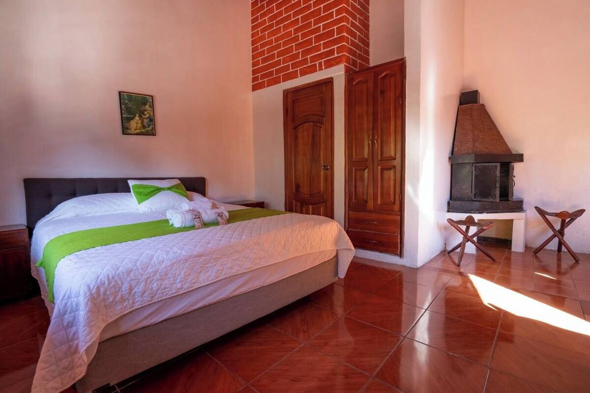Una camera da letto con un letto, un camino e un insieme di porte in legno.