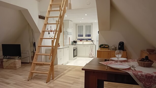 A loft-style living space with a wooden ladder, a dining area with a table set for two, a kitchen with white cabinets, and a TV on a stand. - Apartment 44 m2 Located in a quiet village.  Shops nearby. (Kesseldorf)