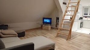 A modern loft apartment with a wooden floor, a sofa, a TV, a ladder, and a kitchen area. - Apartment 44 m2 Located in a quiet village.  Shops nearby. (Kesseldorf)