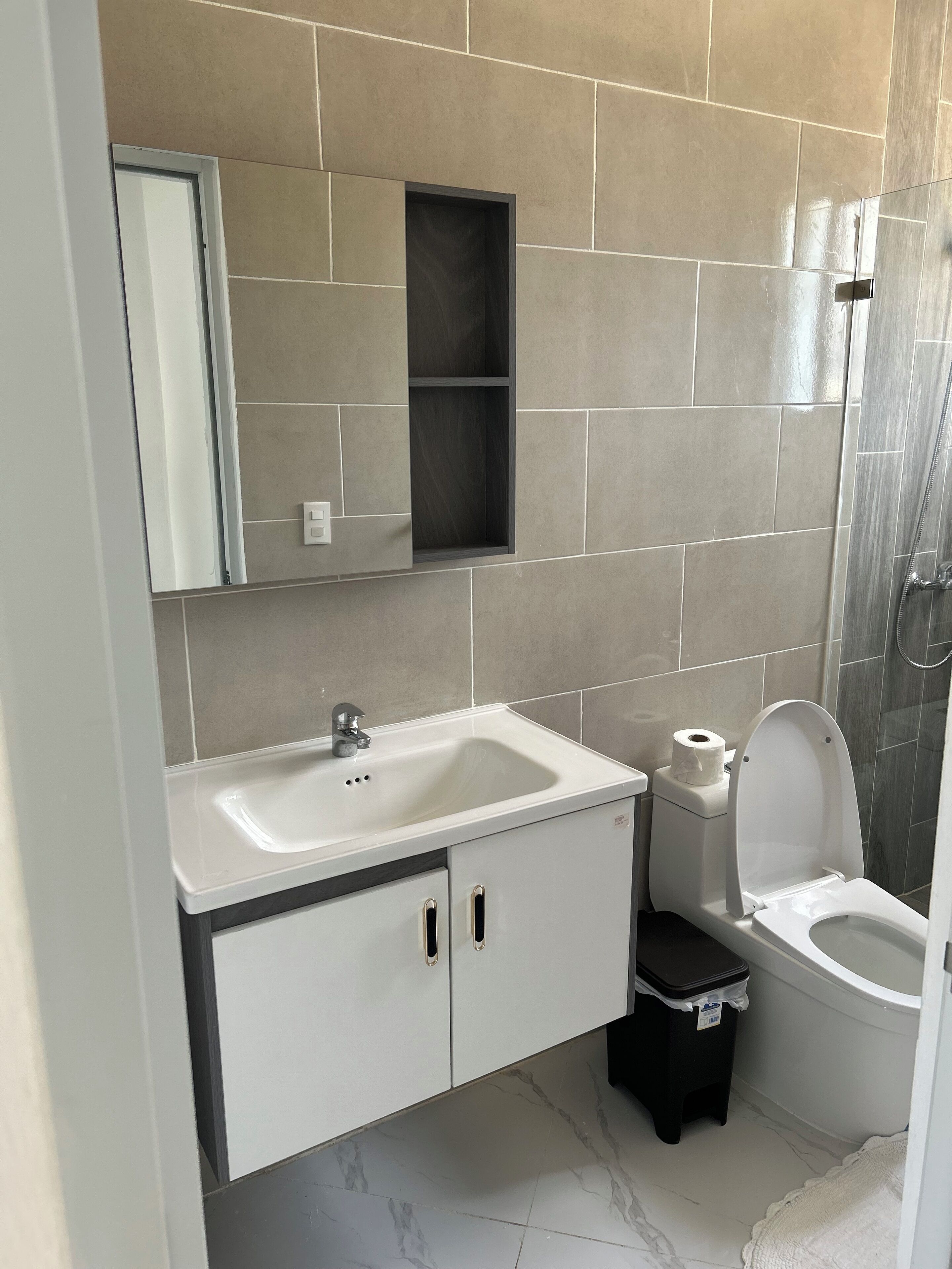 Un bagno moderno con lavandino bianco, servizi igienici e doccia.