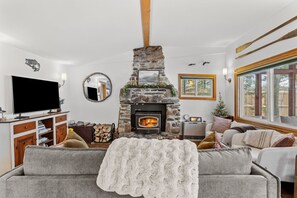 Smart TV, fireplace, books