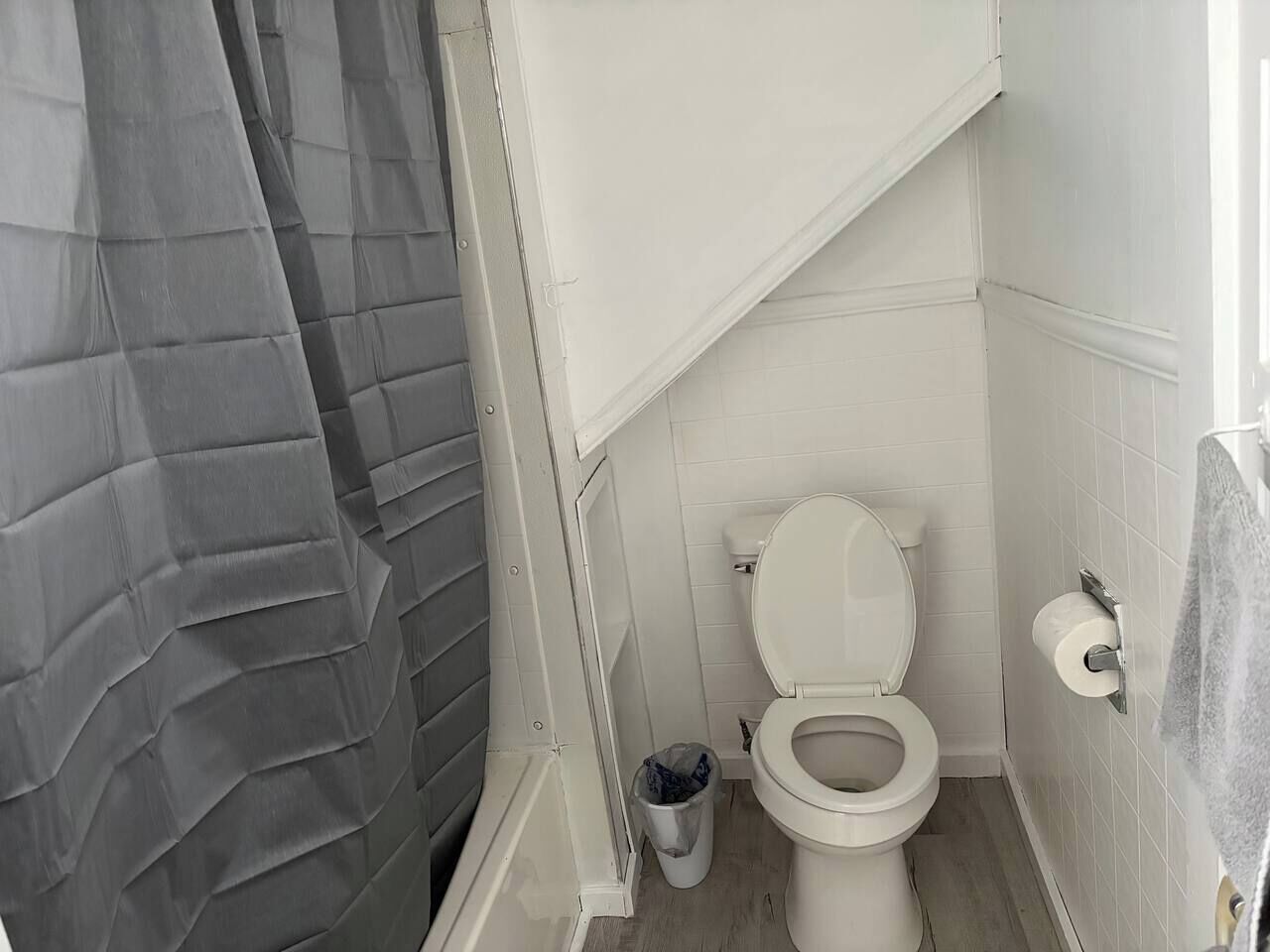 Un baño pequeño y funcional con inodoro, un cubo de basura y cortina de ducha.