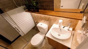 Shower, bidet, towels, soap