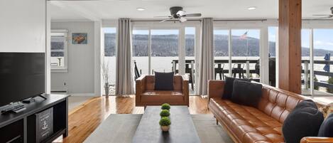 Smart TV, fireplace, foosball