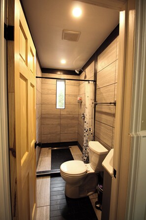 Hair dryer, towels, soap, toilet paper