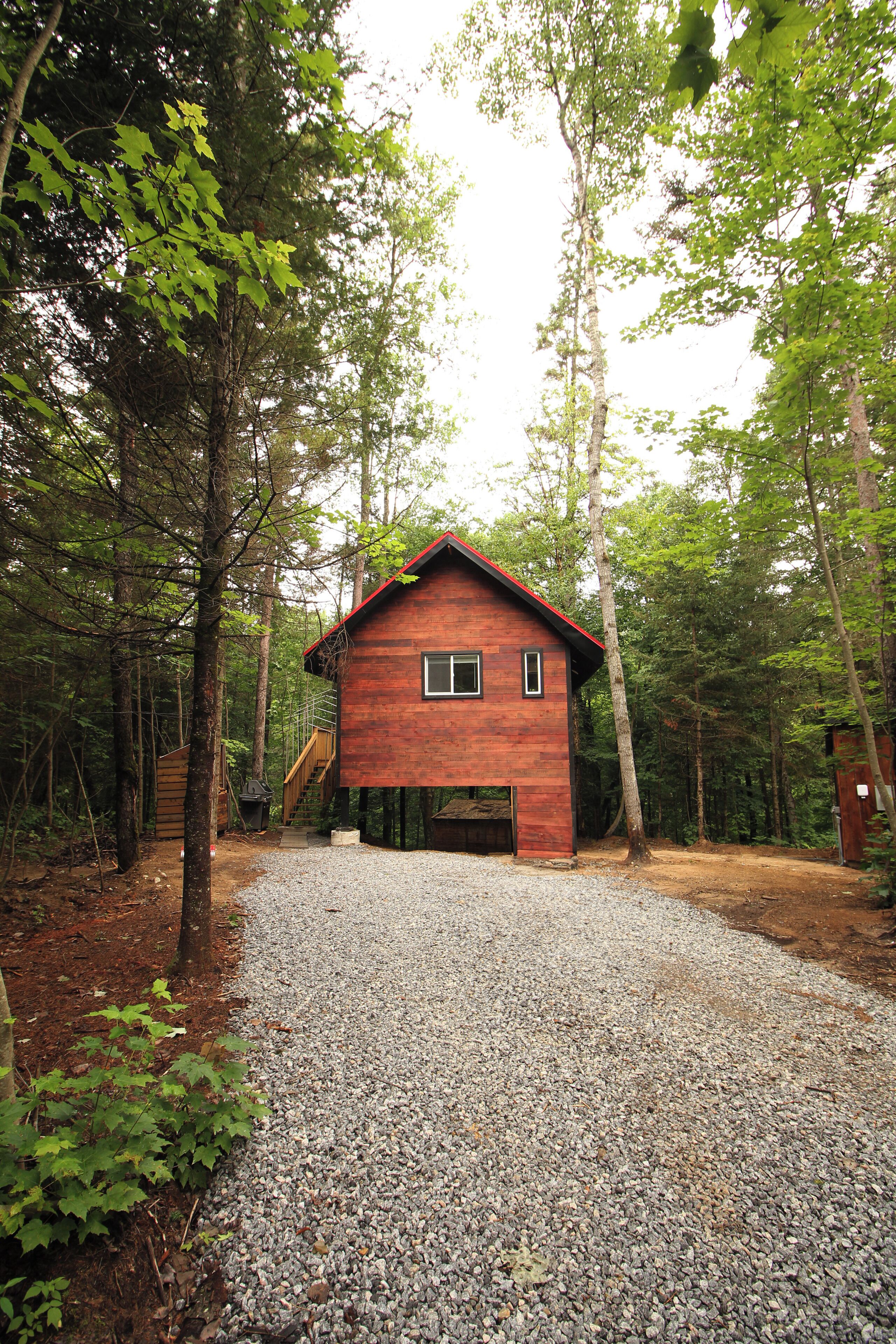 A wooden cabin with a gravel driveway, surrounded by trees.