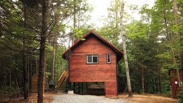 A wooden cabin with a gravel driveway, surrounded by trees.