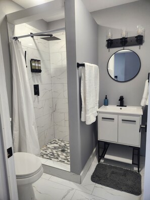 Shower, hair dryer, towels, soap