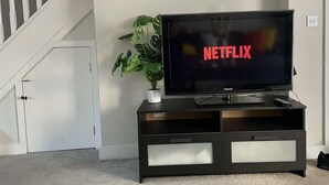 Una televisione su un mobile porta TV nero con una pianta accanto.