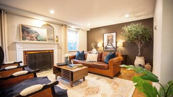 Smart TV, fireplace, foosball, books