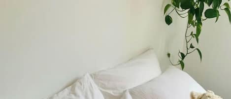A white textured robe draped over a white sofa with a plant in the background.