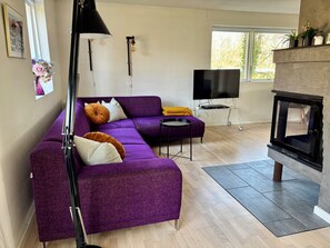 A living room with a purple sofa, a TV, a fireplace, and a window with a view of trees.