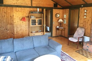A cozy room with a grey sofa, wooden walls, a small cabinet, a chair, and a fireplace. - holiday home located on a 1400 m plot (Rudkøbing)