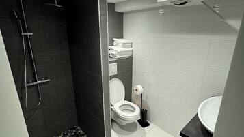 Douche, serviettes fournies, savon, papier toilette