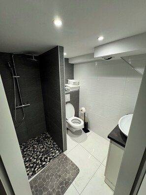 Douche, serviettes fournies, savon, papier toilette