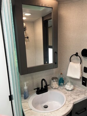 Shower, towels, soap, toilet paper