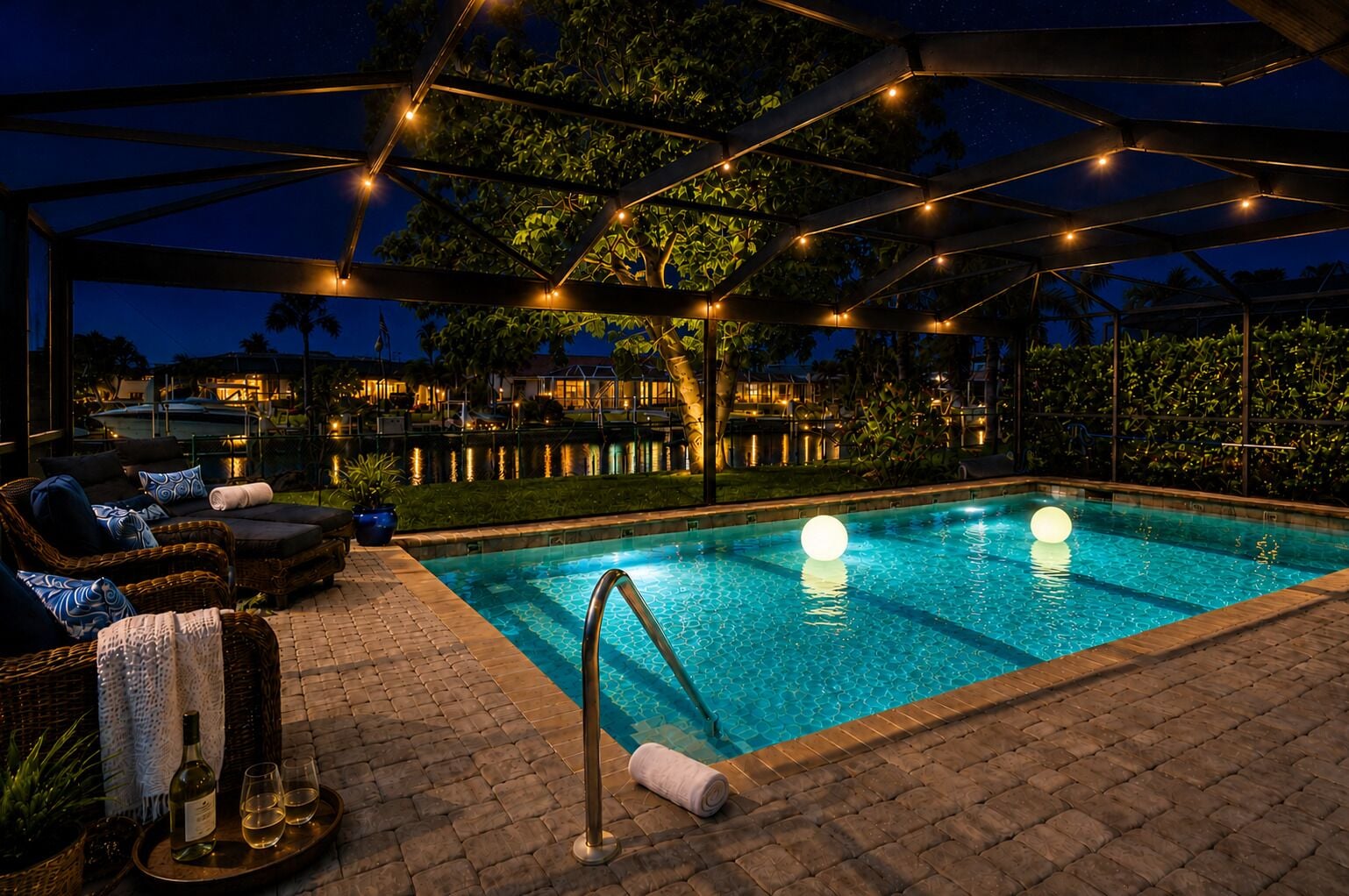 An outdoor swimming pool with a clear blue water feature, surrounded by a covered area with seating and ambient lighting.