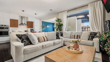 Smart TV, fireplace, foosball