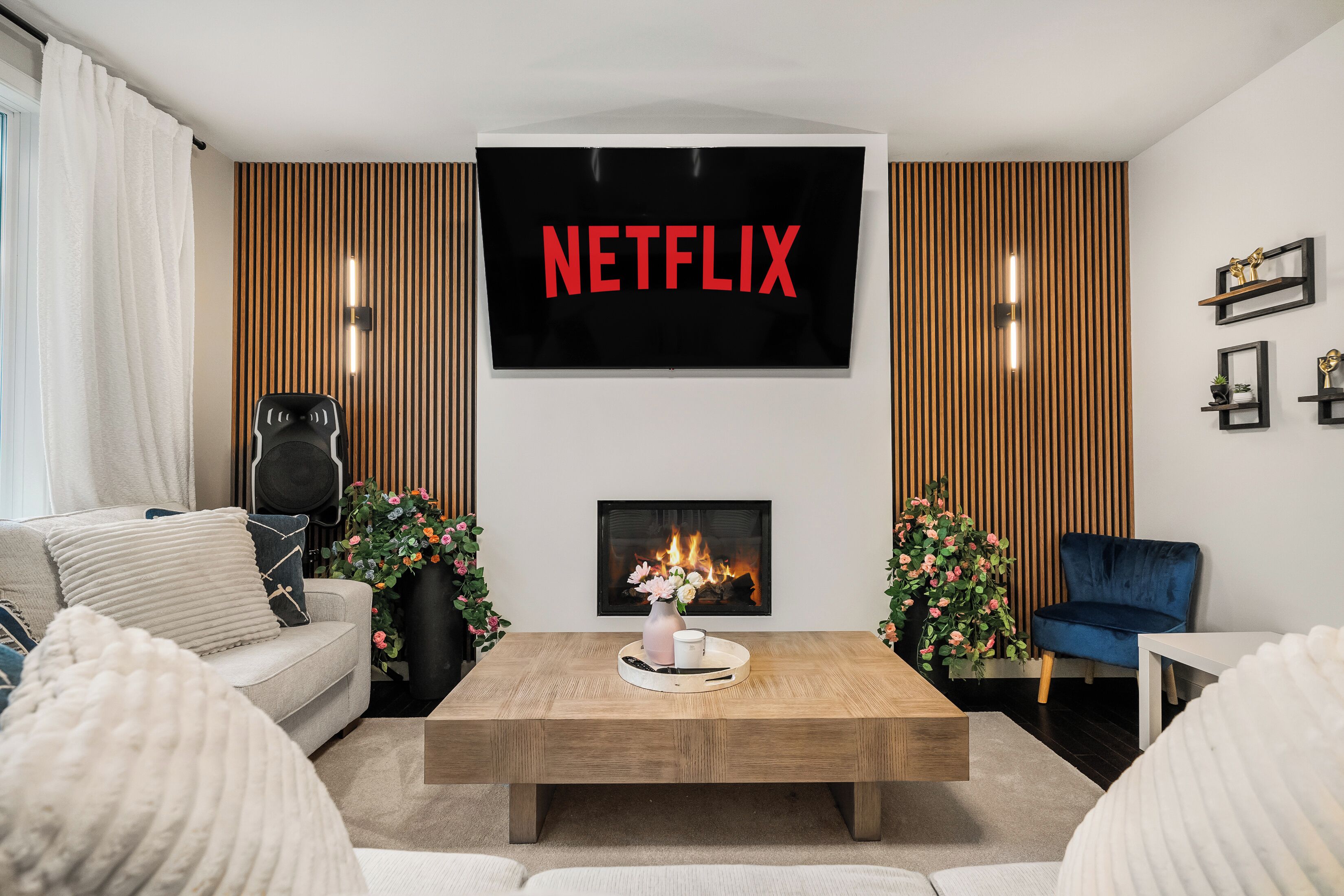 Smart TV, fireplace, foosball