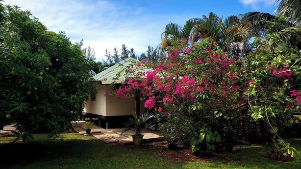 A house with a green roof, surrounded by lush greenery and flowering plants. - Charming 1BR Guesthouse in Beautiful Moorea (Haapiti Tiahura)