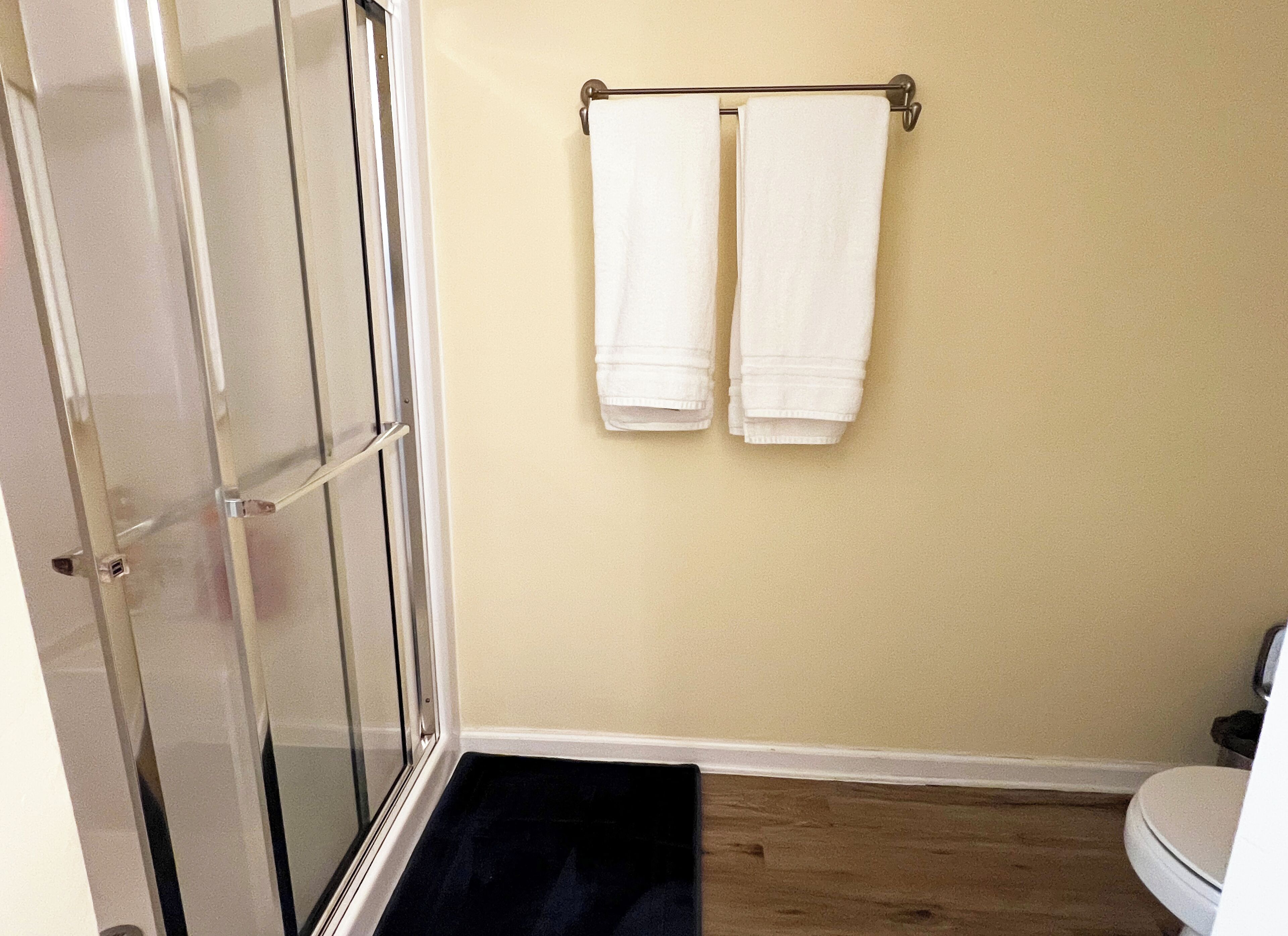 Jetted tub, hair dryer, towels, soap