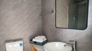 Une salle de bain moderne avec des toilettes, un grand lavabo et un miroir.