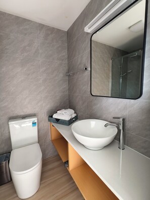 Un baño moderno con inodoro, un lavamanos grande y un espejo.