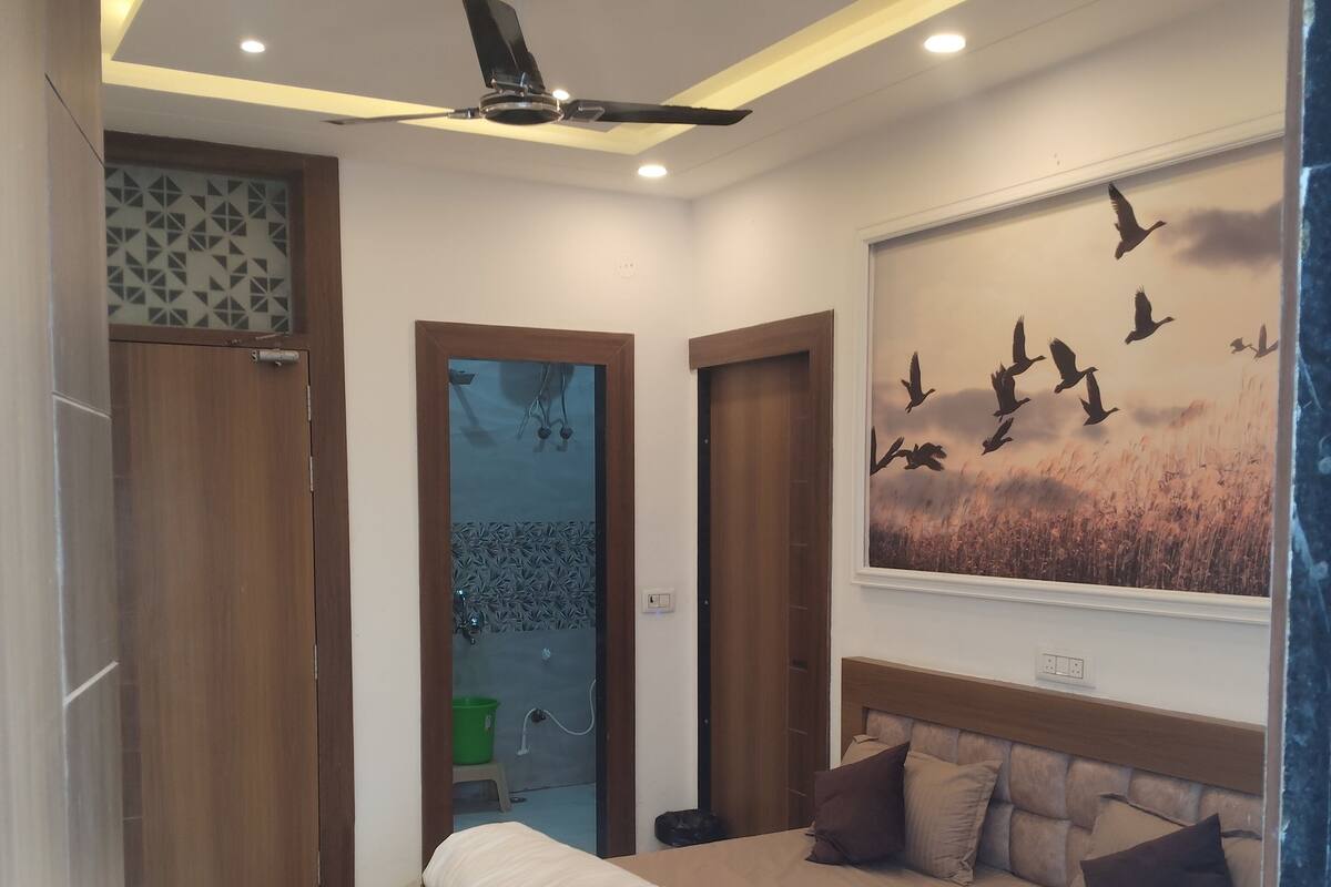 Une chambre à coucher moderne, avec un lit, un ventilateur de plafond et une œuvre d’art représentant des oiseaux, accrochée au mur.