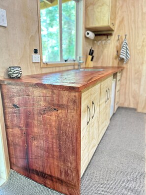 Interior - Secluded Redwood Cabin.  Built from a redwood tree that blew down in a cyclone (Ashley Clinton)