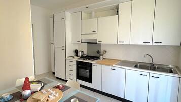 Fridge, oven, coffee/tea maker, toaster