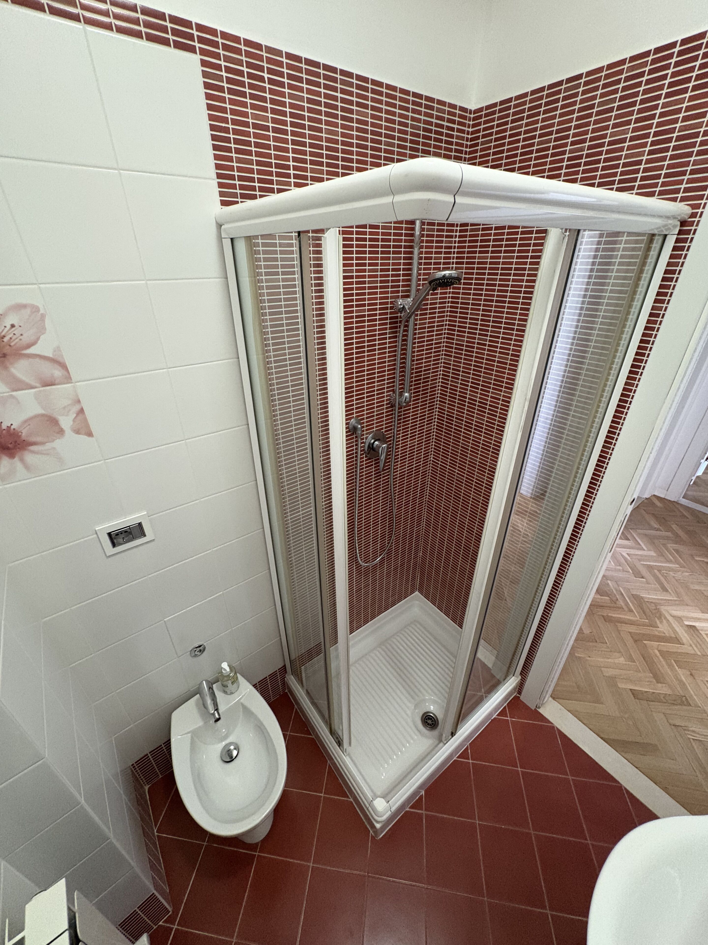 Een badkamer met een douche met glazen wanden, een toilet en een wastafel.