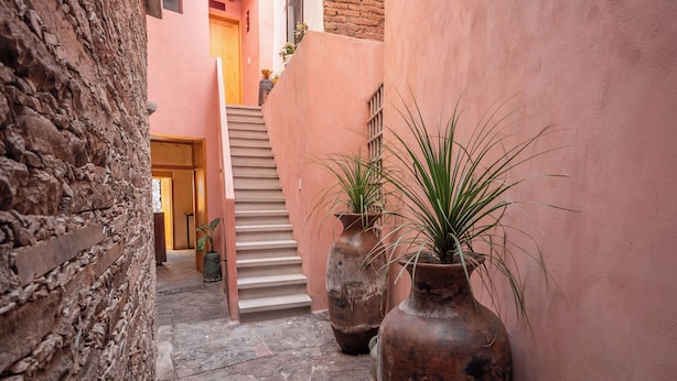 A narrow alleyway with a stone wall on one side and a pink wall on the other. There are large vases with plants and a staircase leading to an upper level. - Hotel Casa de las Abuelas (Guanajuato)