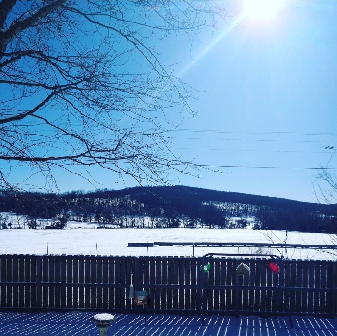 Ett snötäckt landskap med ett trästaket och en bänk i förgrunden.