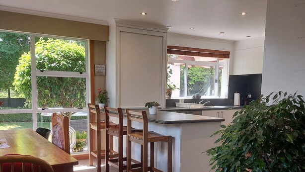 A modern kitchen with a dining area, large windows, and a potted plant. - Tasman Tranquility Cozy family home (Motueka)