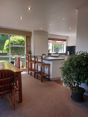 A modern kitchen with a dining area, large windows, and a potted plant.