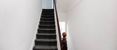 A staircase with dark carpeted steps and a wooden handrail with a rounded top.