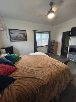 A bedroom with a bed, a ceiling fan, a window with curtains, a bookshelf, and a door leading to another room. - Beautifully updated 3bedroom, 2.5bathroom home in a quiet Surprise neighborhood (Surprise)