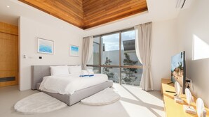 A modern bedroom with a large bed, a wooden ceiling, and a large window with curtains. - LuxPride Villas Private Pool Tropiclook (Si Sunthon)