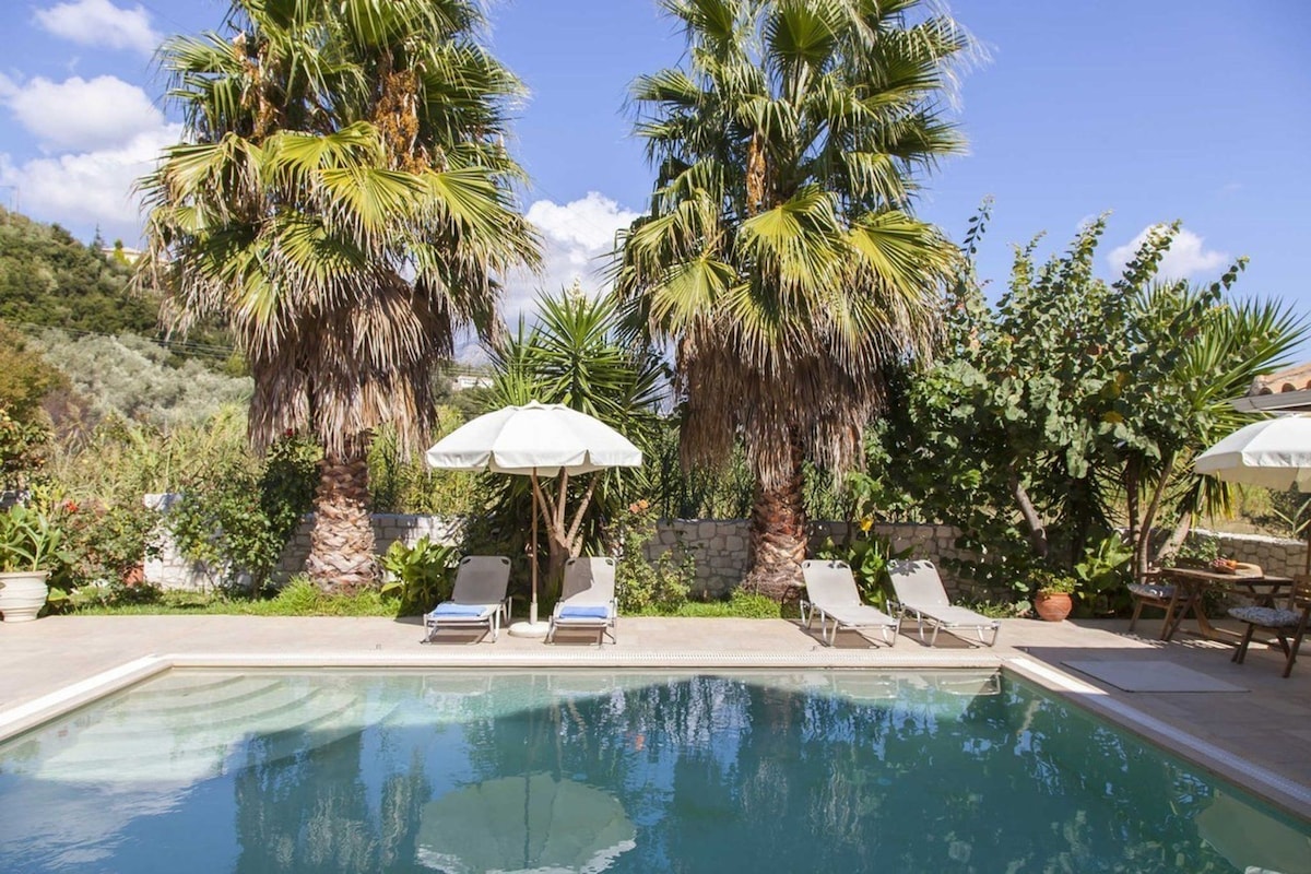 A pool area with lounge chairs and umbrellas, surrounded by palm trees and greenery.