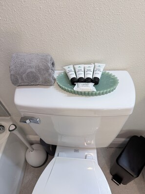 Sèche-cheveux, serviettes fournies, savon, shampoing