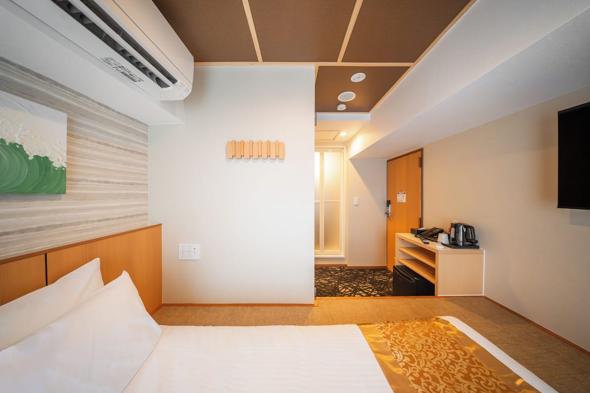 Camera d'albergo con un letto, condizionatore d'aria a muro, un quadro, una lampada a parete e una televisione.