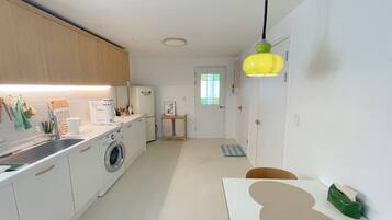 Fridge, microwave, coffee/tea maker, electric kettle